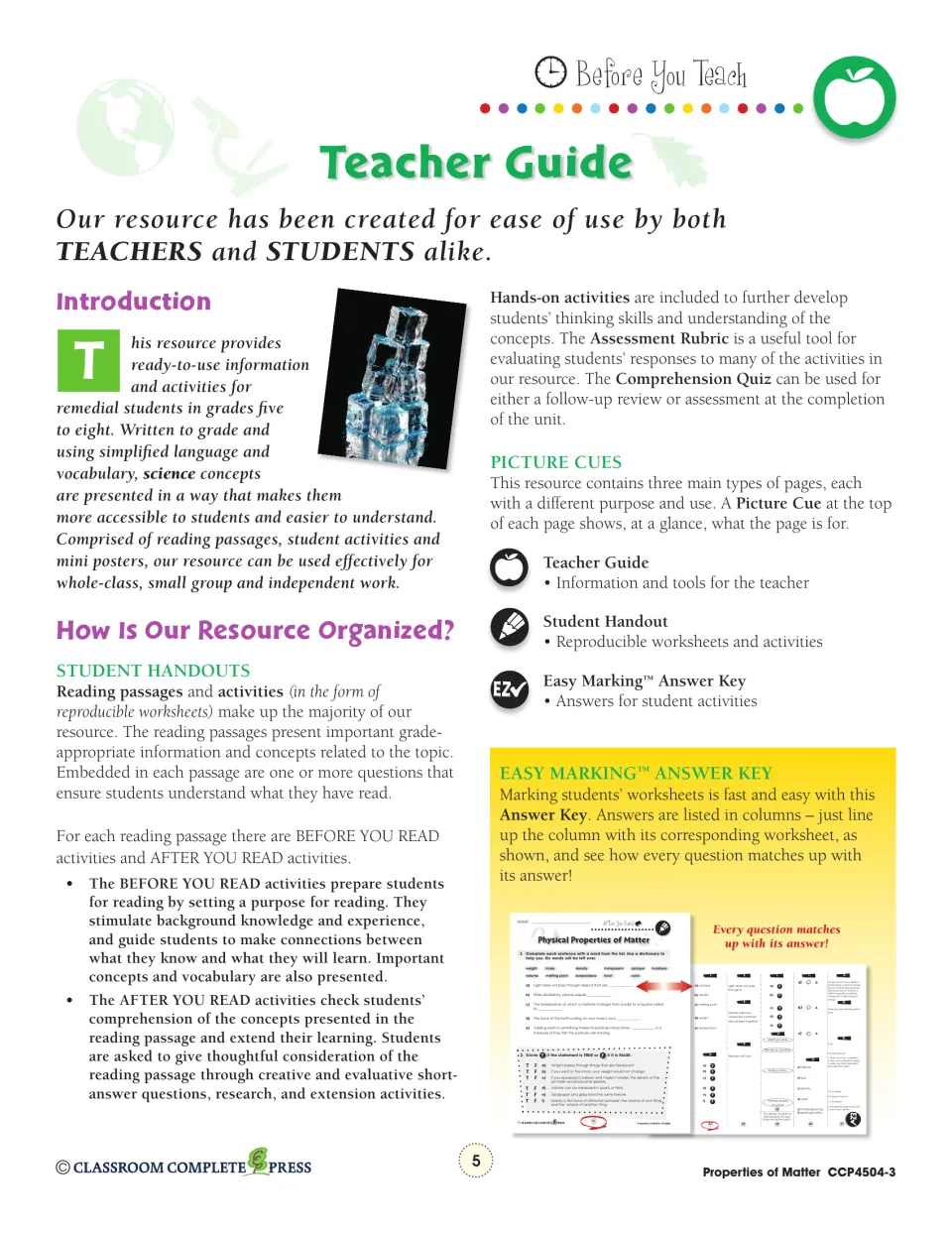 Teacher guide explains reading passages, before- and after-reading tasks, picture cues, and the answer key