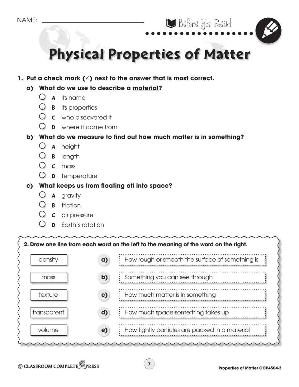 Before-reading worksheet asks about properties, mass, and gravity, then matches five terms to definitions
