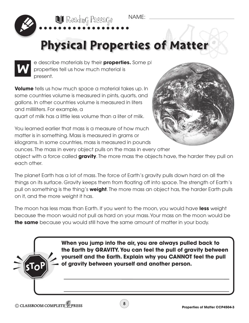 First reading passage page explains volume, mass, gravity, and weight, comparing weight on Earth and the moon