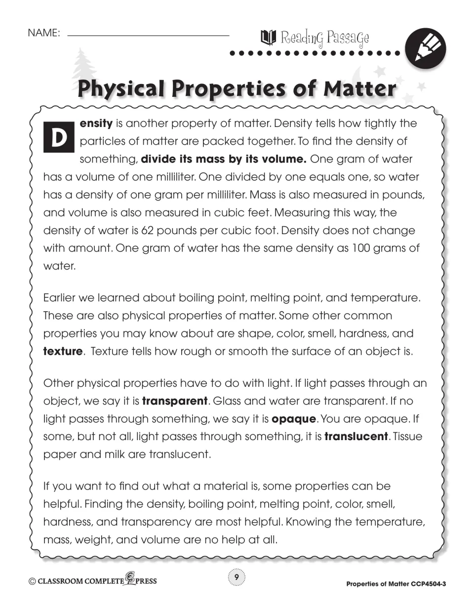 Second reading passage page explains density, texture, and transparent, opaque, and translucent materials