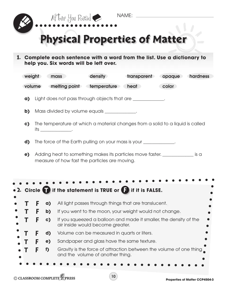 After-reading worksheet uses five fill-in sentences and six true-or-false statements to review properties