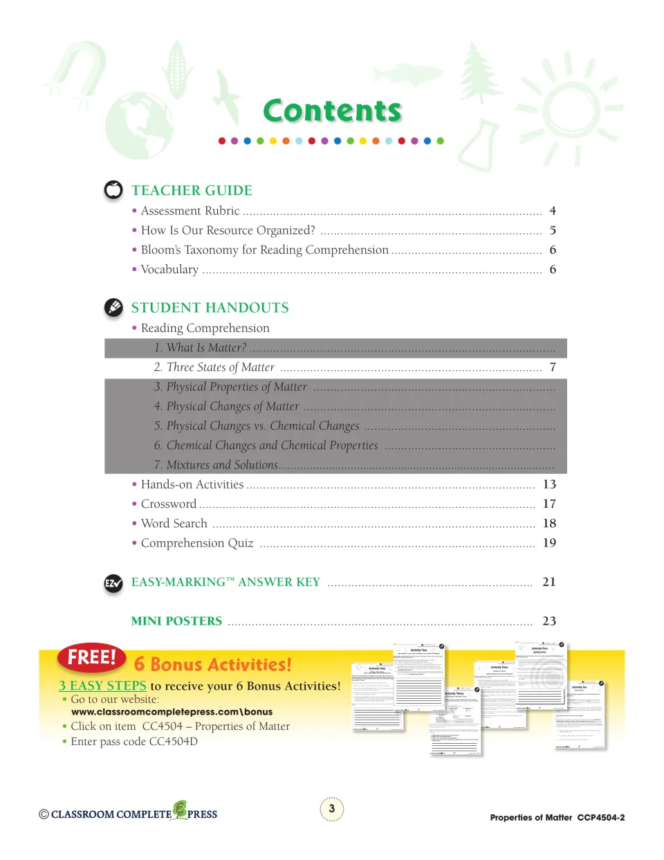 Contents: teacher guide, states of matter reading, hands-on activities, crossword, word search, quiz, answer key, posters