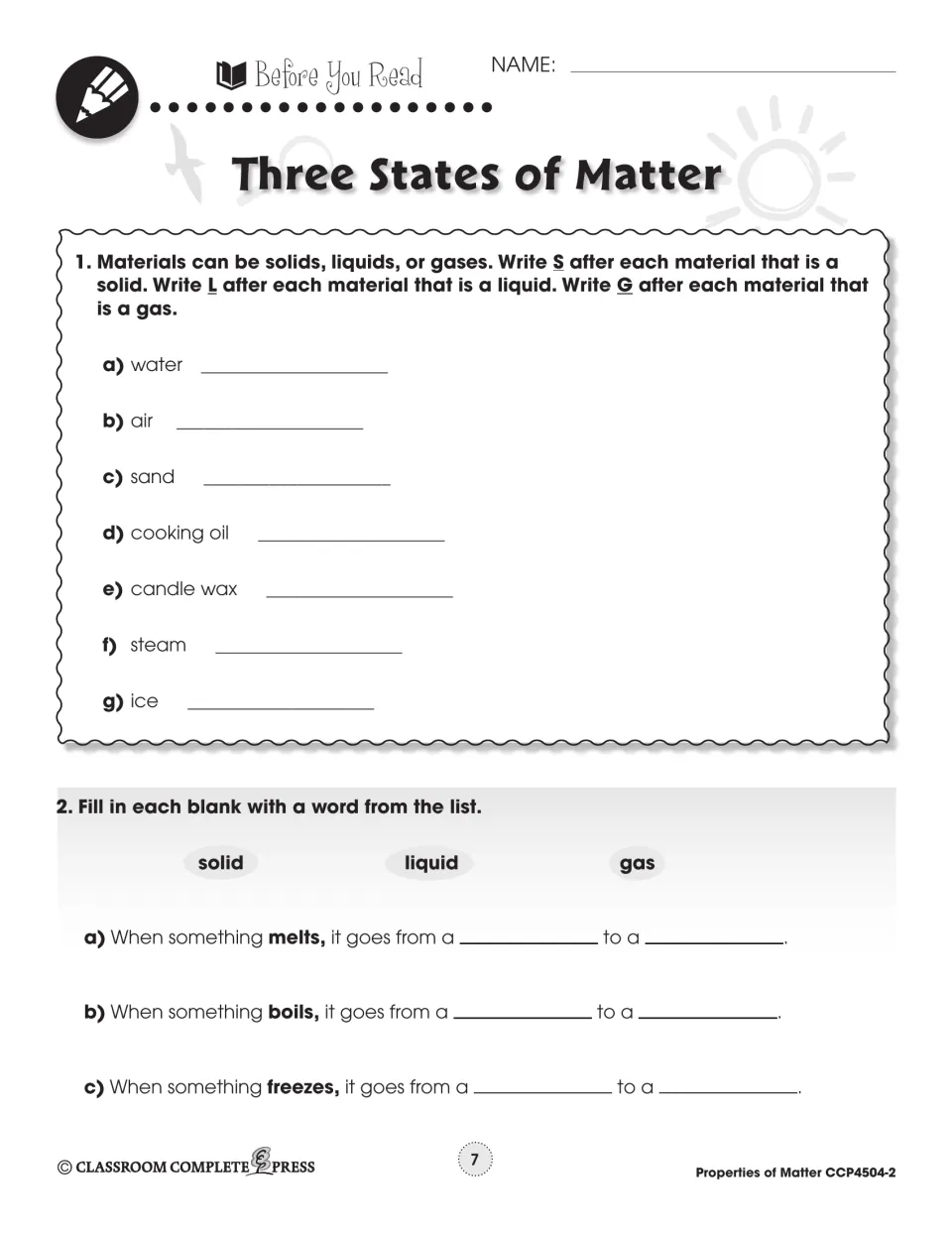 Sorting materials by state: students mark seven items S, L or G, then fill in melt, boil and freeze sentences