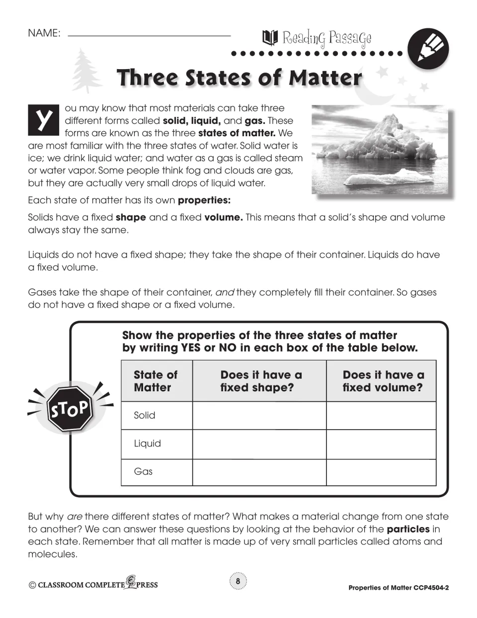 Reading on properties of solids, liquids and gases; students mark YES or NO for fixed shape and fixed volume of each state