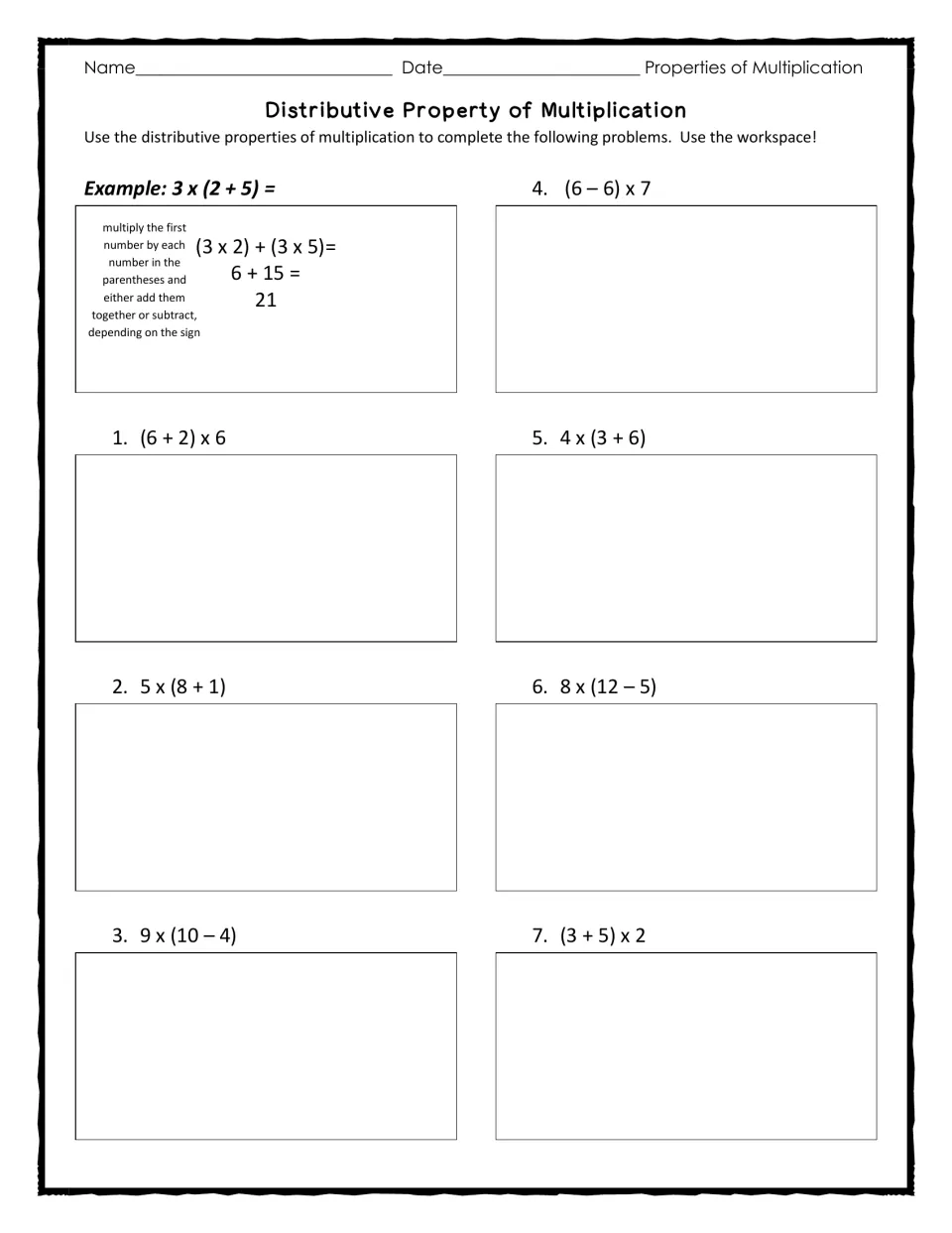 Distributive property practice: after a worked example, students split and solve 7 expressions such as 5 x (8 + 1)
