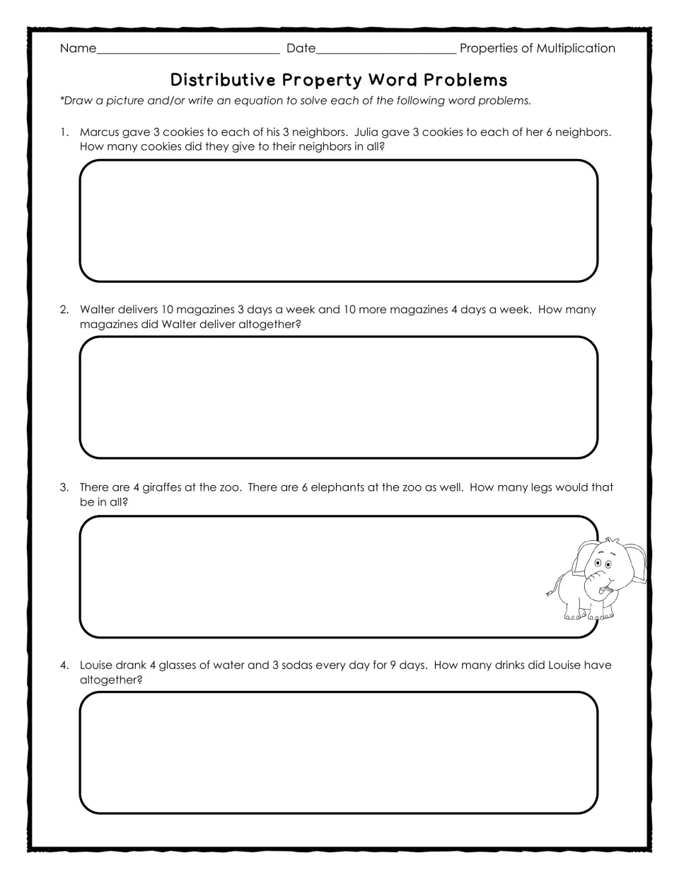 Distributive property word problems 1-4: students draw or write an equation for cookies, magazines, animal legs and drinks