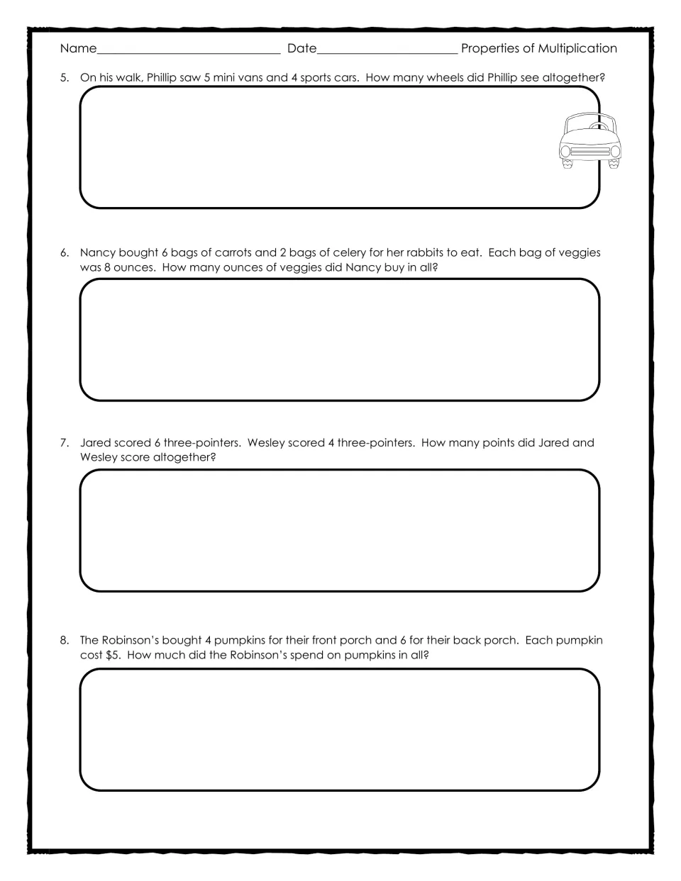Distributive word problems 5-8 continue: students solve problems about wheels, veggies, three-pointers and pumpkins