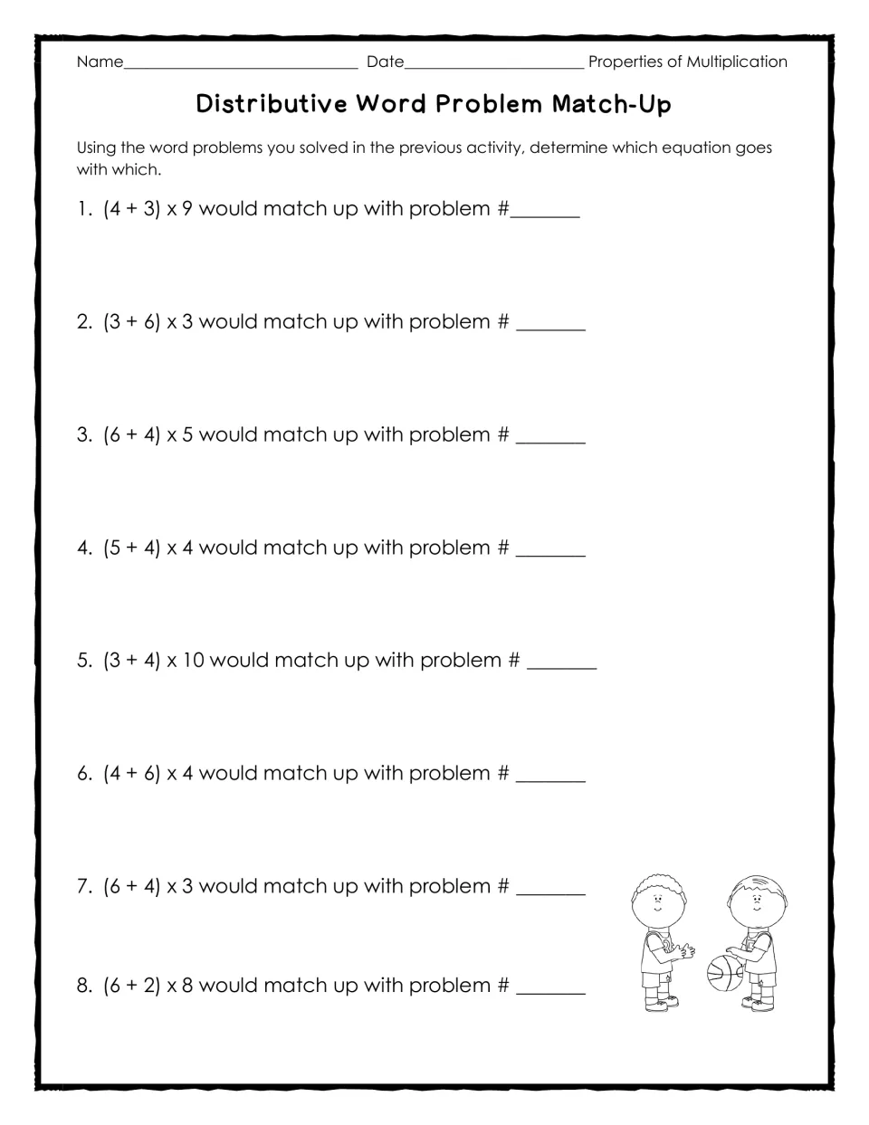Distributive word problem match-up: students match 8 expressions such as (4 + 3) x 9 to the word problems solved earlier