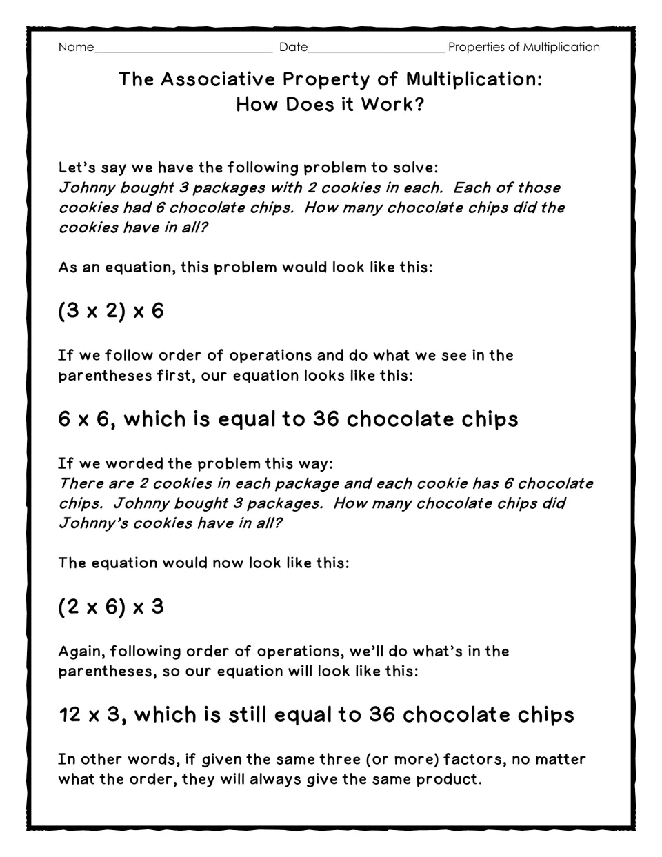 Associative property tutorial: a cookie problem shows (3 x 2) x 6 and (2 x 6) x 3 both equal 36 chocolate chips