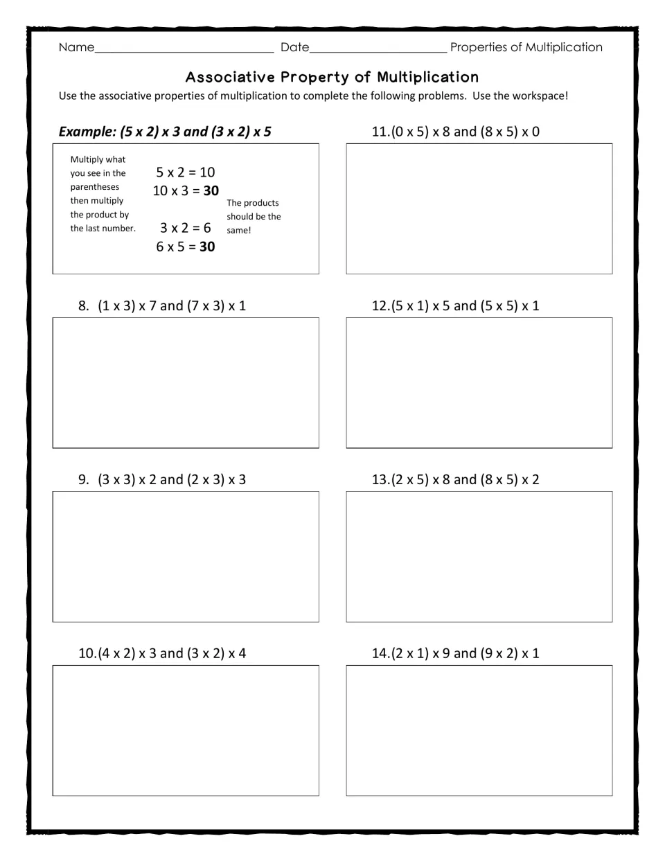 Associative property practice: students solve seven pairs like (1 x 3) x 7 and (7 x 3) x 1 to show equal products