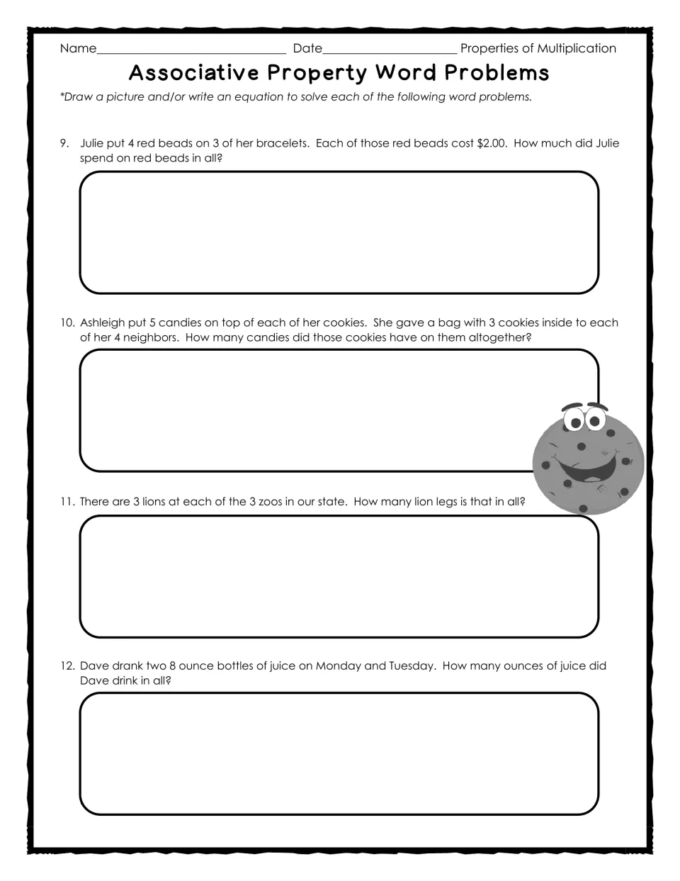 Associative property word problems 9-12: students draw or write equations for beads, cookie candies, lion legs and juice