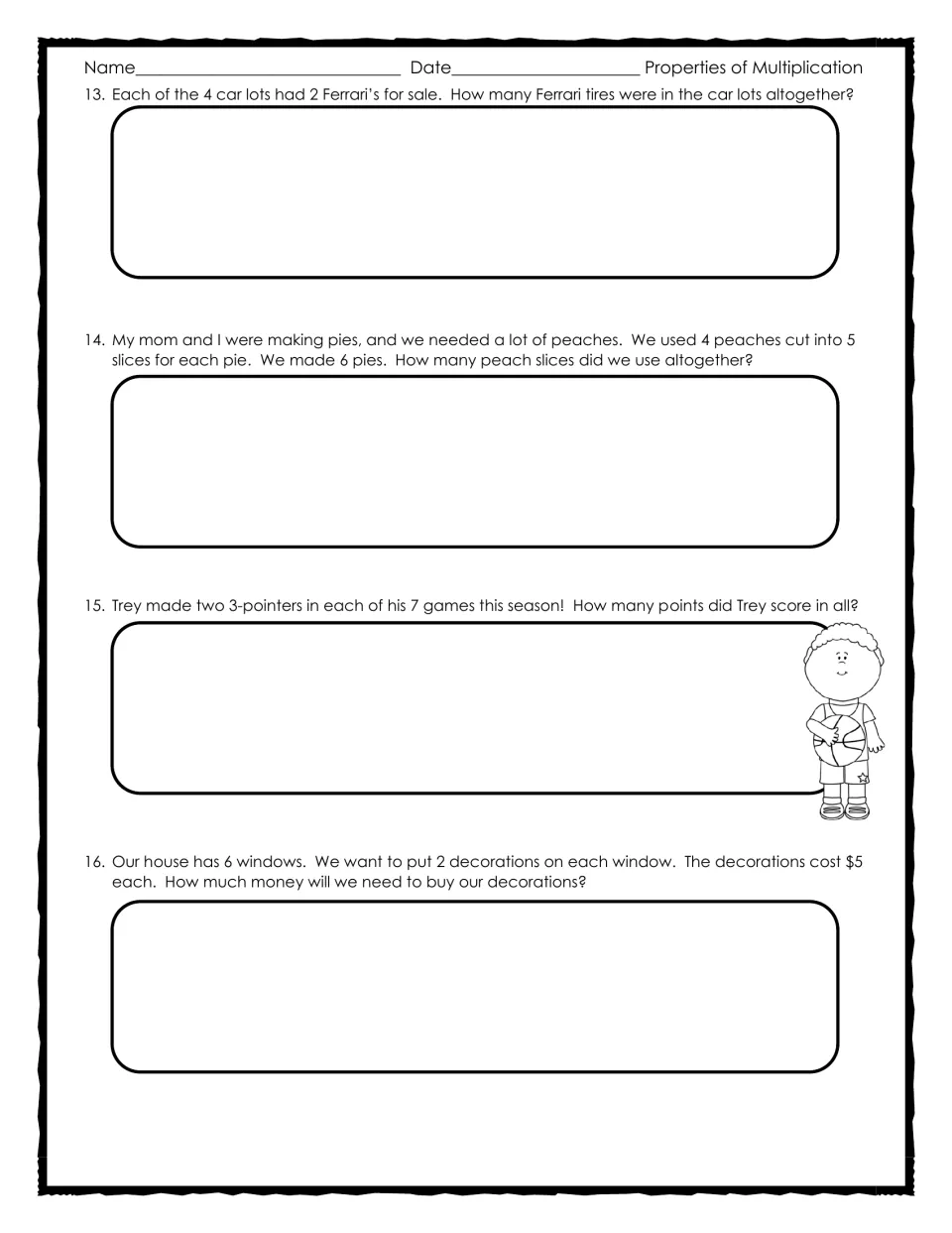 Associative word problems 13-16: students solve problems about Ferrari tires, peach slices, 3-pointers and decorations