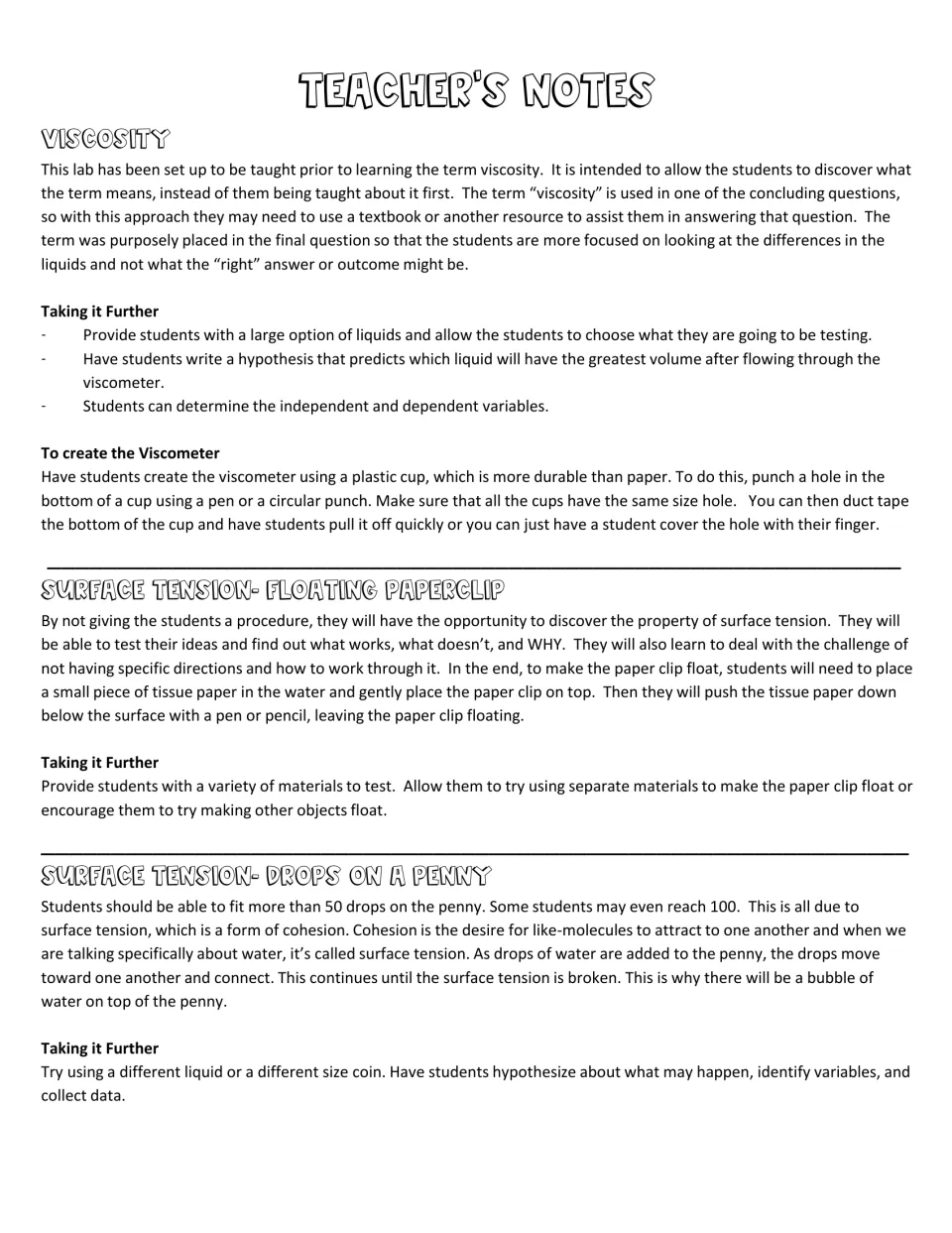 Teacher's notes for all three labs, including viscometer construction, explanations, and extension ideas.