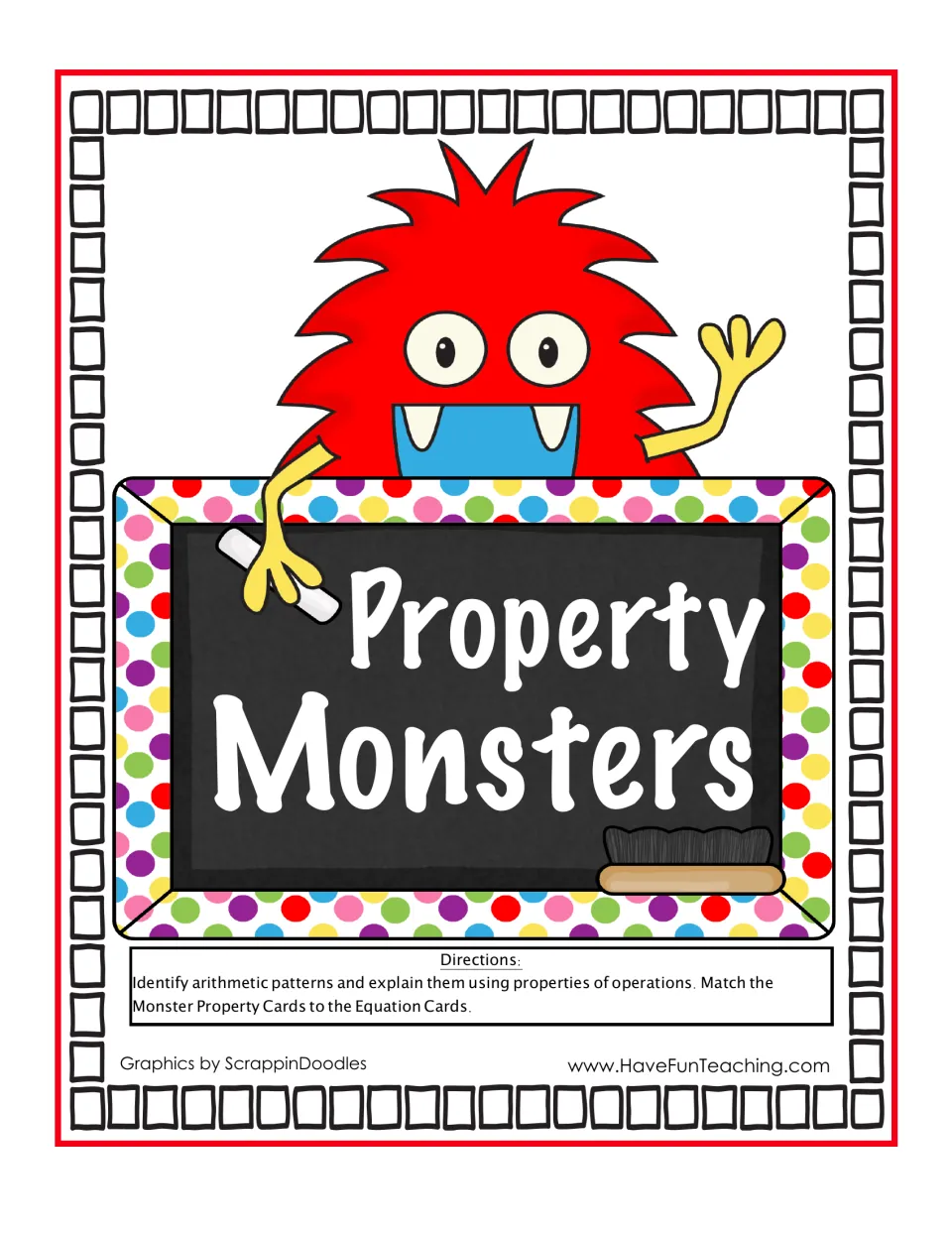 Property Monsters cover: red monster over a chalkboard title, with directions to match property cards to equation cards
