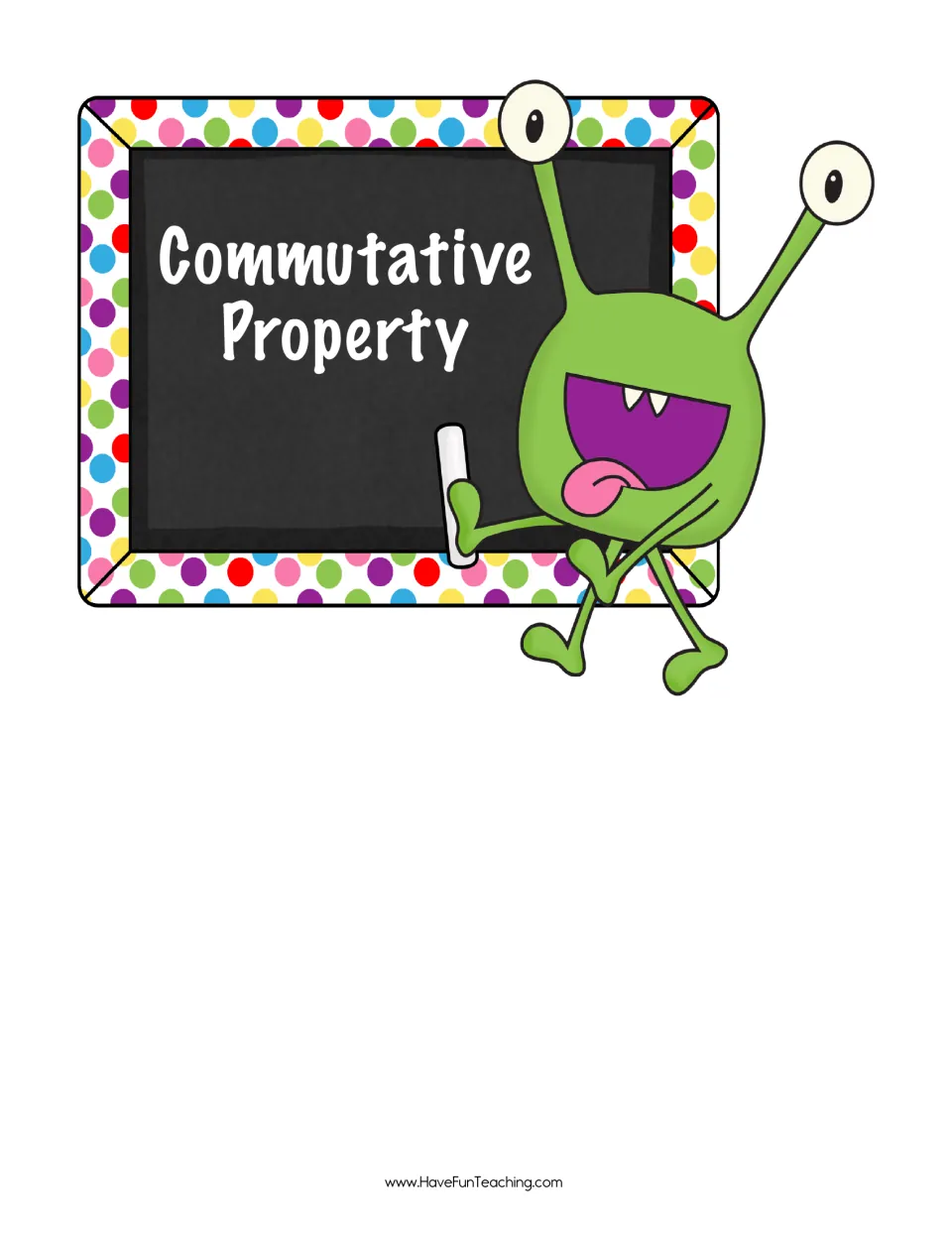 Commutative Property monster card: green monster holding chalk beside a chalkboard sign naming the property for sorting
