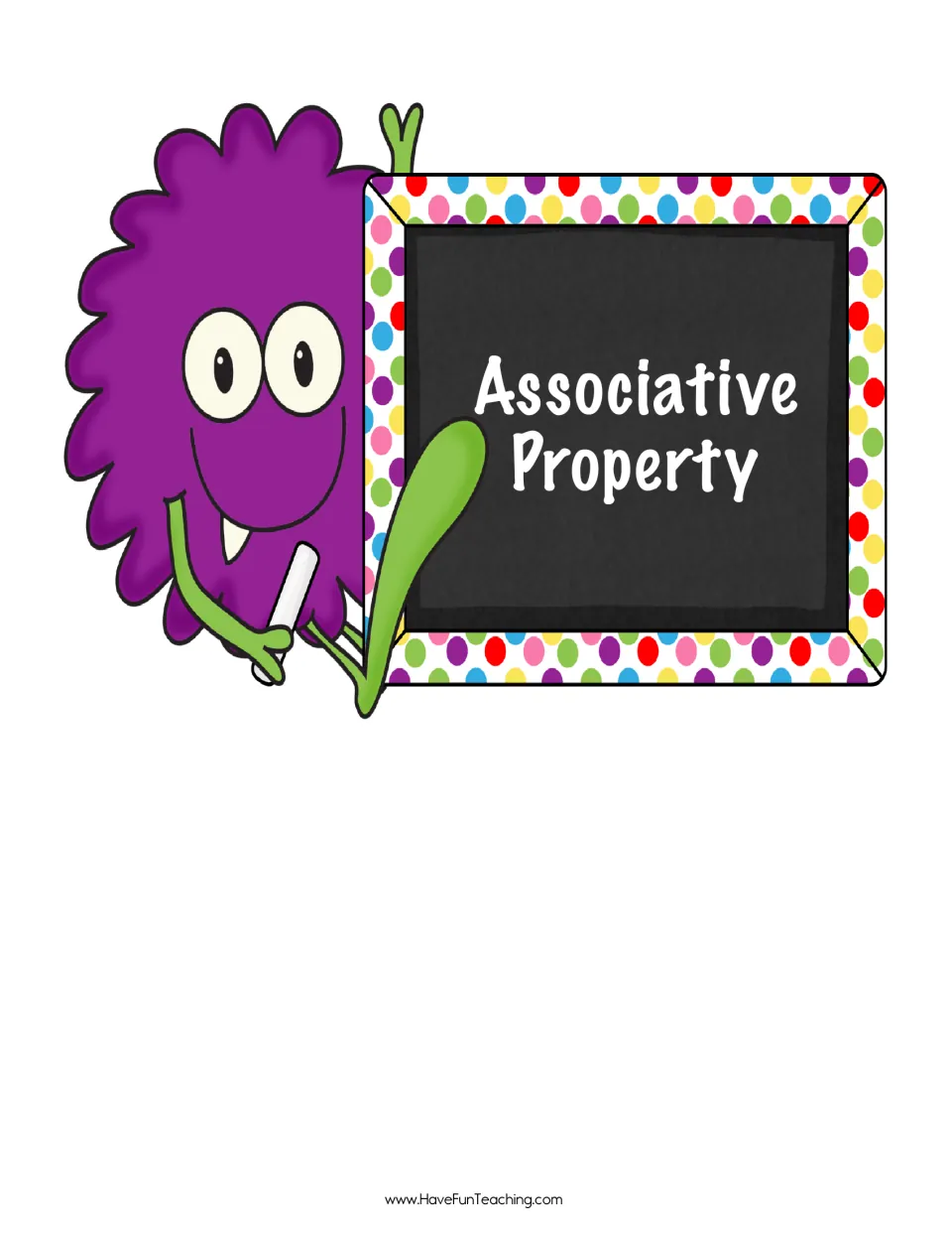 Associative Property monster card: purple monster with chalk next to a chalkboard label used as a matching category
