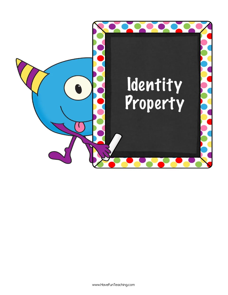 Identity Property monster card: one-eyed blue monster with chalk beside a chalkboard naming the property to match to