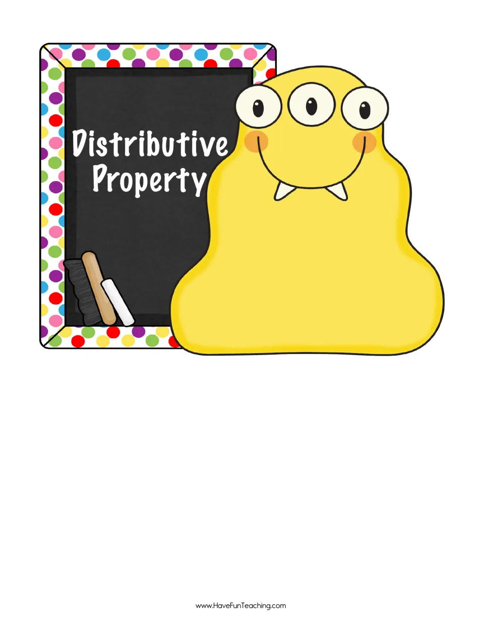 Distributive Property monster card: three-eyed yellow monster beside a chalkboard sign that heads one equation group