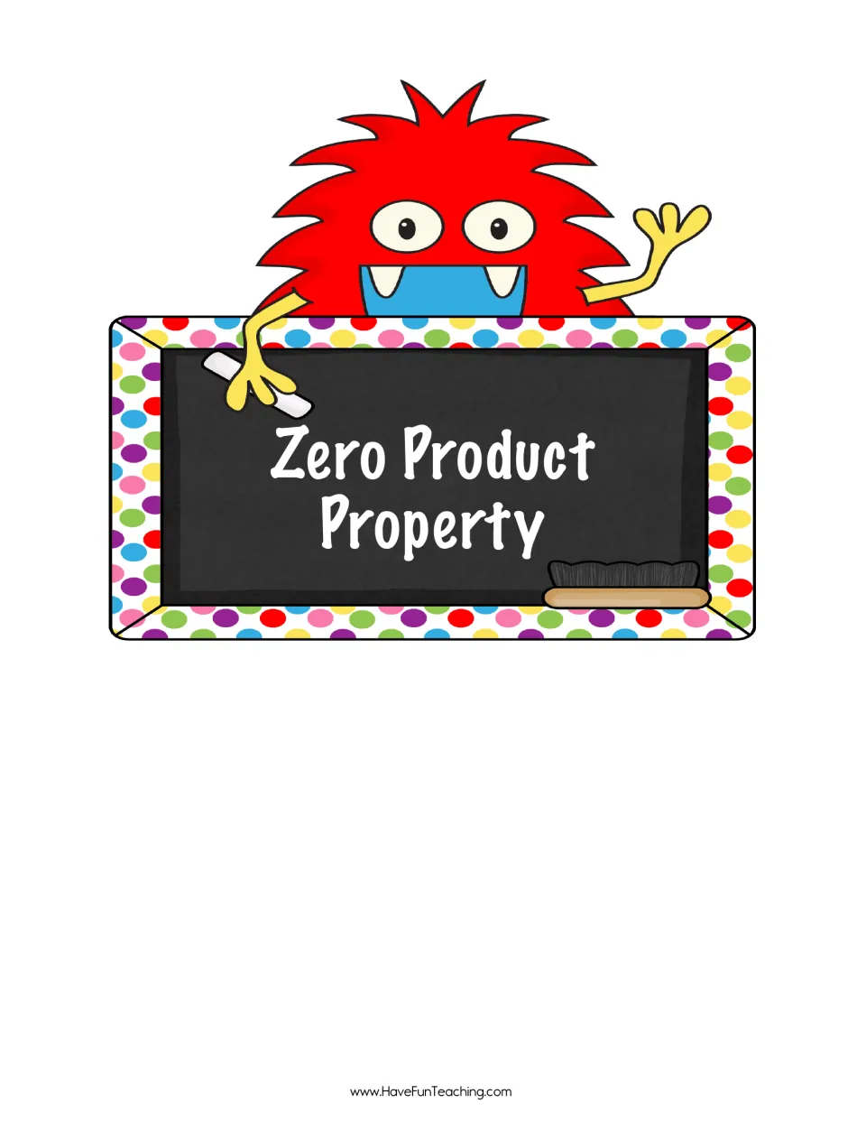 Zero Product Property monster card: red furry monster with chalk above a chalkboard sign naming the property category