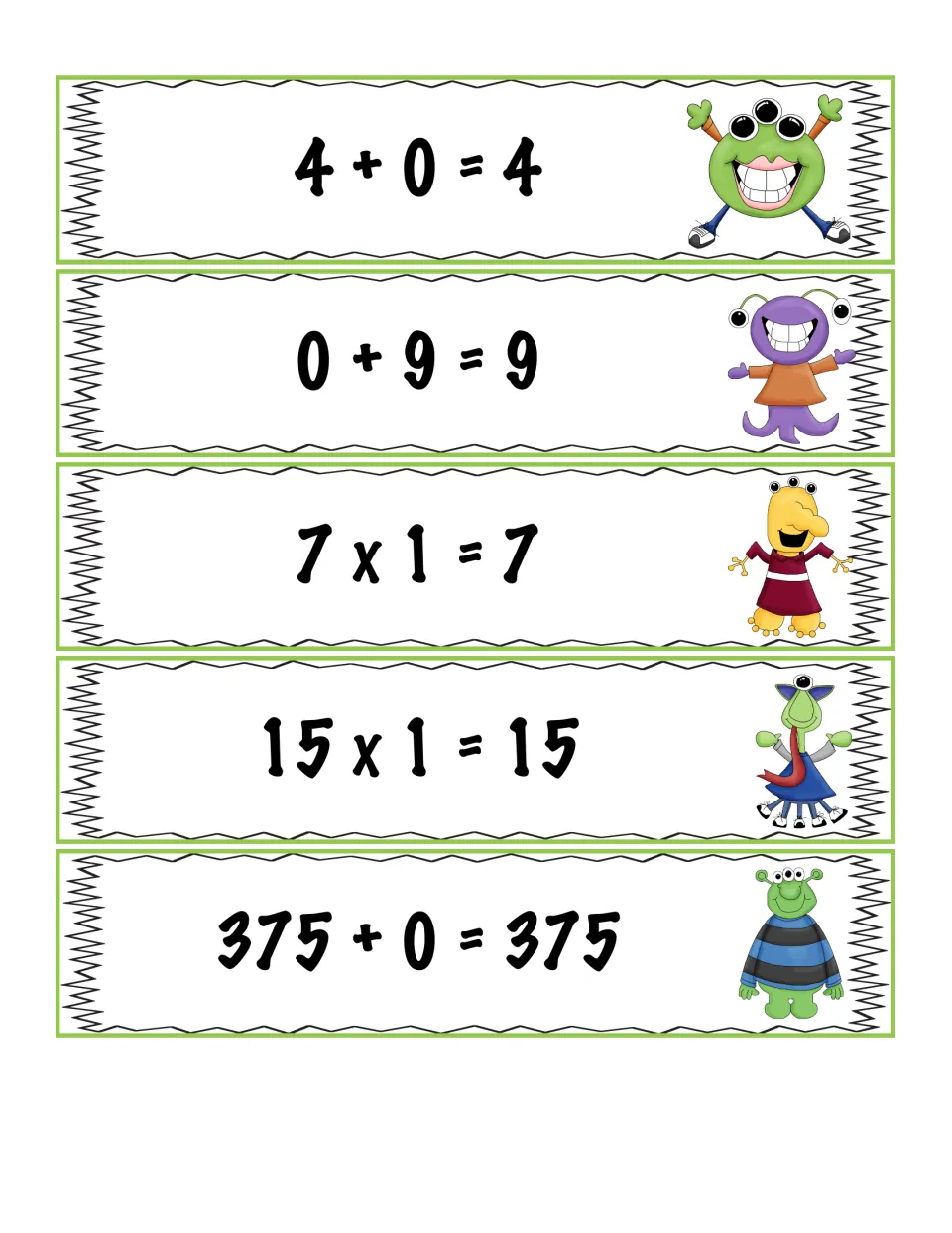 Identity equation cards: 4 + 0 = 4, 0 + 9 = 9, 7 x 1 = 7, 15 x 1 = 15 and 375 + 0 = 375, each to match to a property card