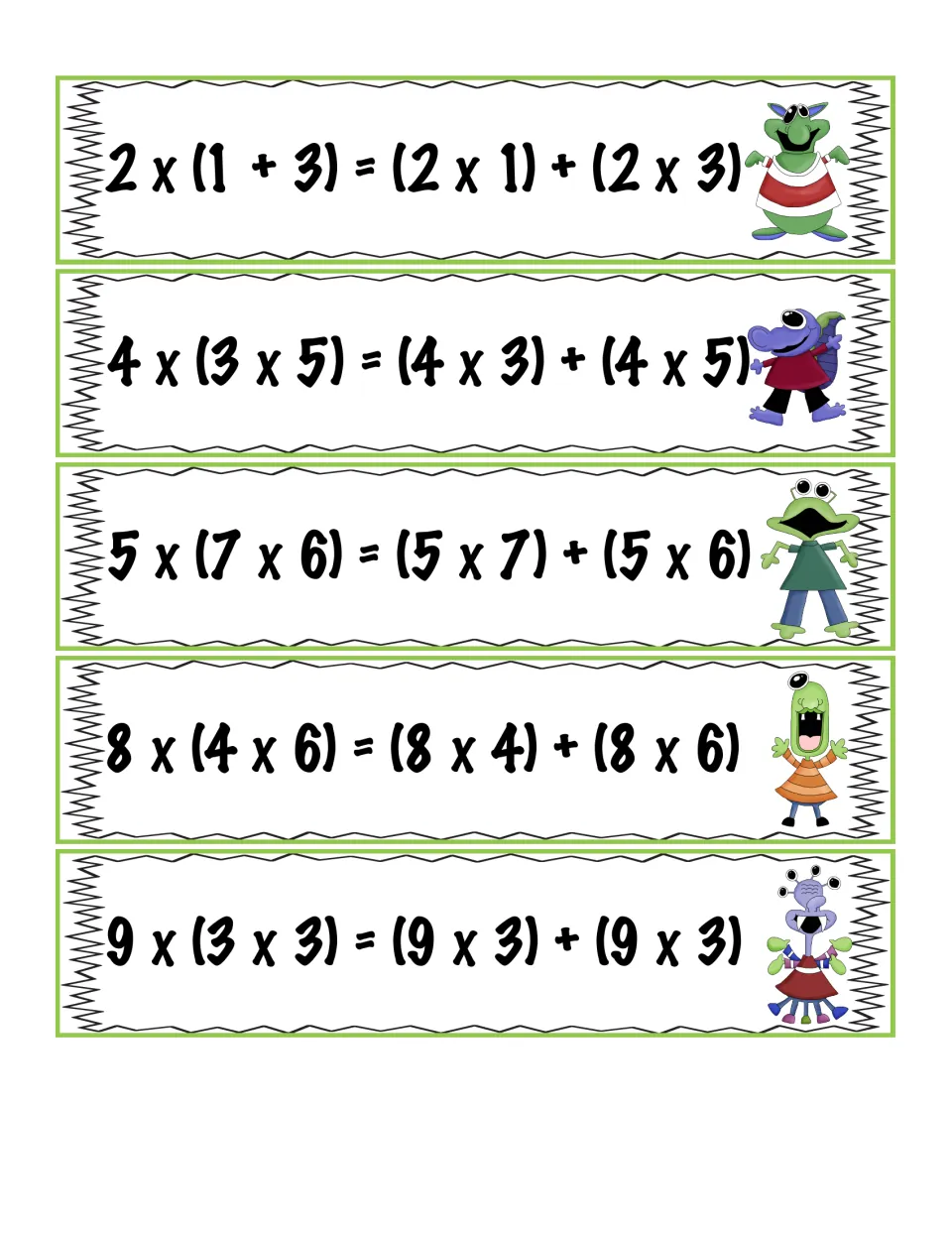 Equation cards in distributive form, such as 2 x (1 + 3) = (2 x 1) + (2 x 3), plus four more strips to match to a property