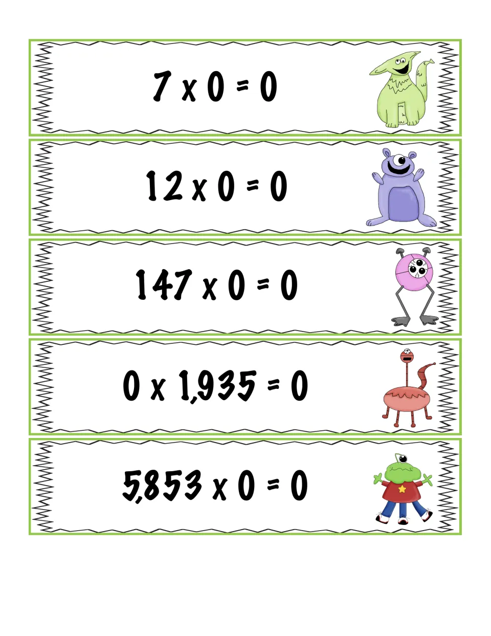 Equation cards showing multiplying by zero: 7 x 0 = 0, 12 x 0 = 0, 147 x 0 = 0, 0 x 1,935 = 0 and 5,853 x 0 = 0 to sort