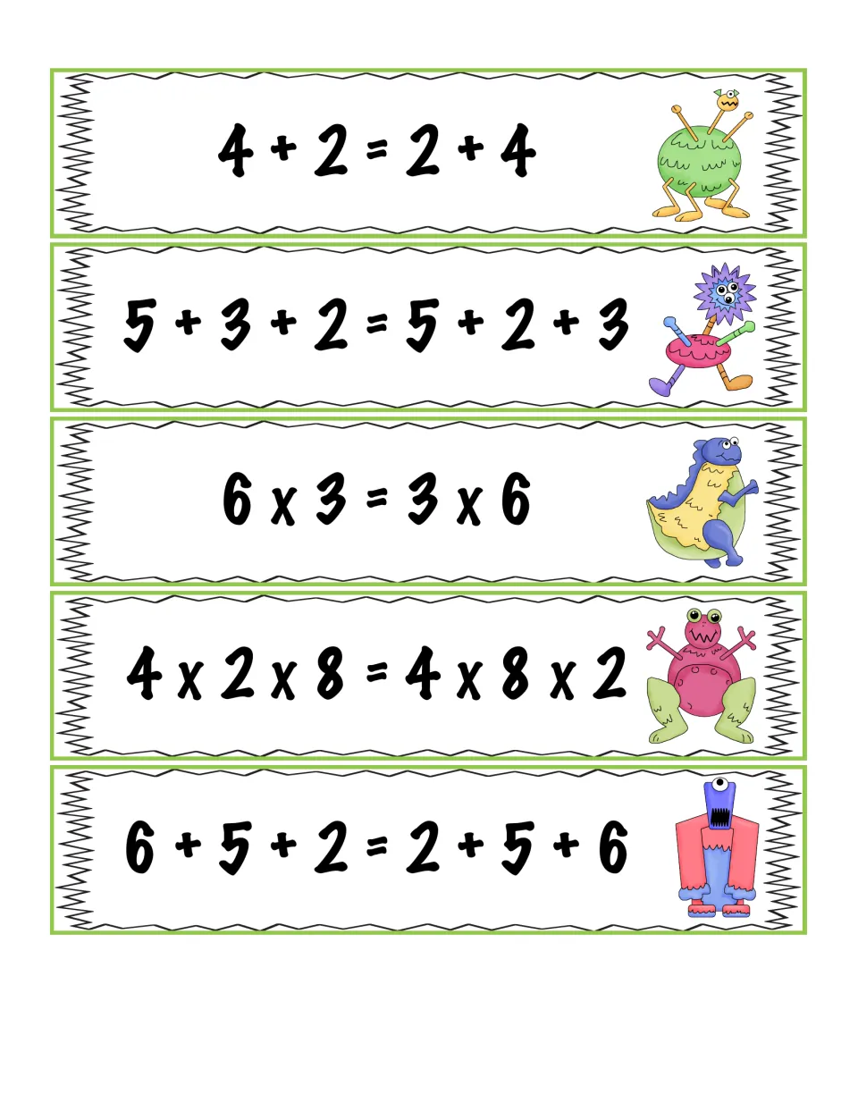 Equation cards that reorder numbers: 4 + 2 = 2 + 4, 6 x 3 = 3 x 6, 4 x 2 x 8 = 4 x 8 x 2 and two addition strips to match