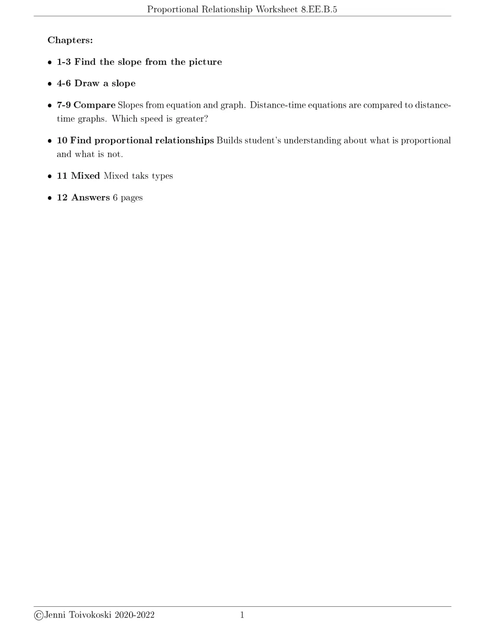 Chapter list: find slope from a graph, draw a slope, compare speeds, find proportional relationships, mixed, answers
