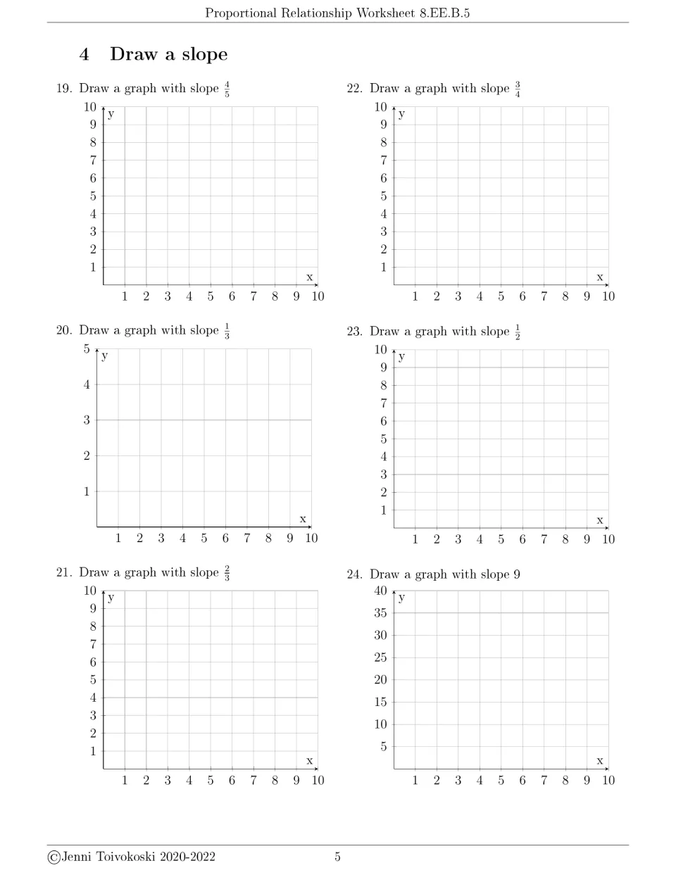 Drawing slopes, problems 19-24: students graph lines with slopes 4/5, 3/4, 1/3, 1/2, 2/3 and 9 on blank axes