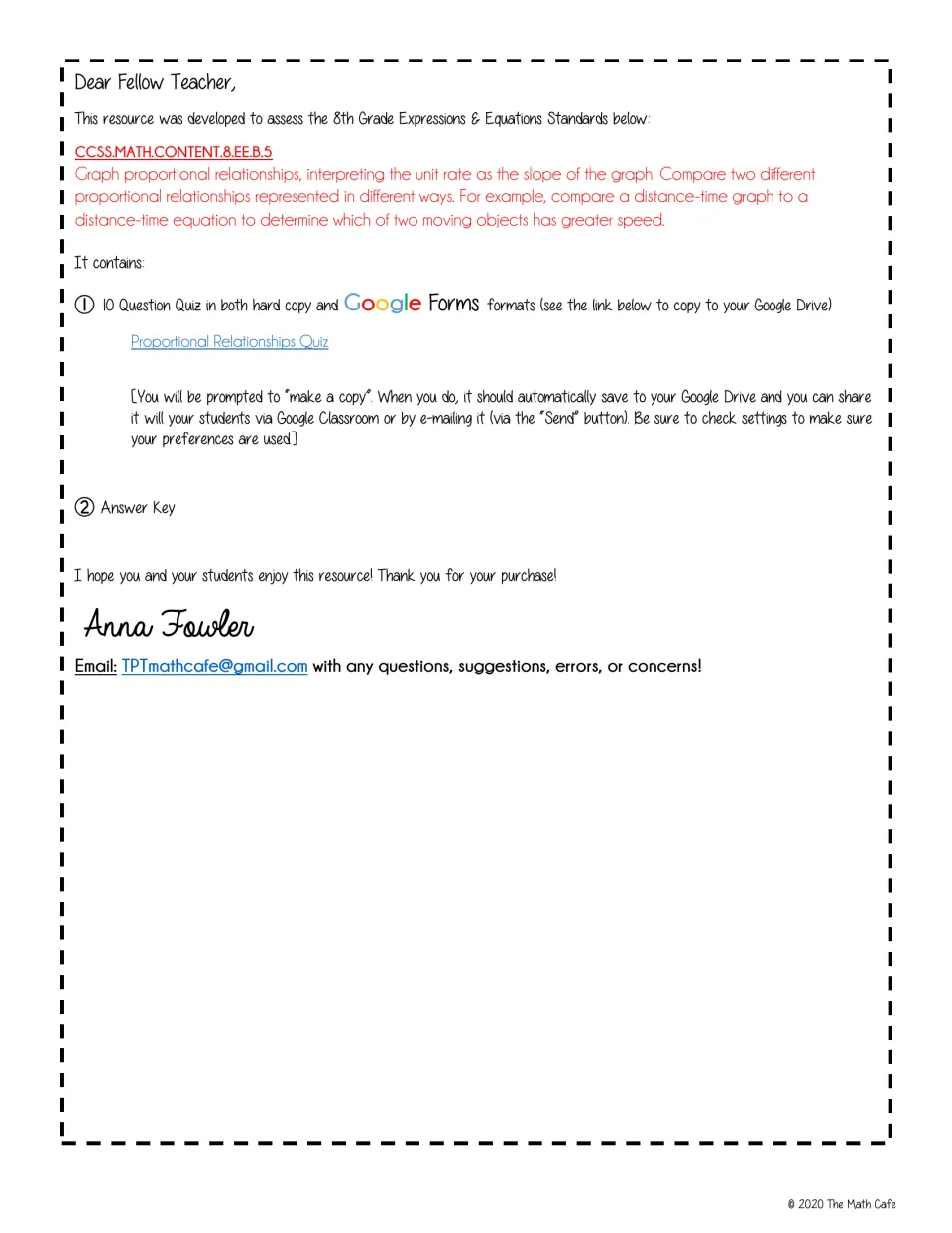 Teacher letter citing standard 8.EE.B.5 and listing contents: a 10-question quiz in print and Google Forms, plus a key