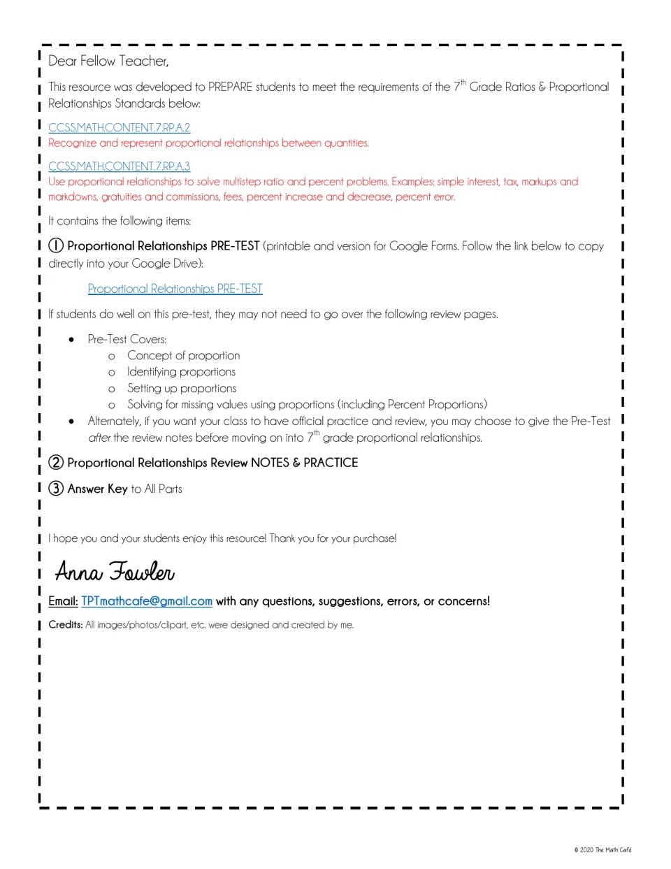 Teacher letter listing 7.RP.A.2 and A.3 standards and the parts: pre-test, review notes and practice, and answer key