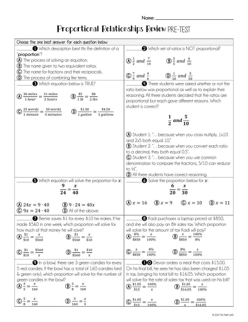 Proportions pre-test: students answer 10 multiple-choice items on defining, identifying, setting up and solving proportions