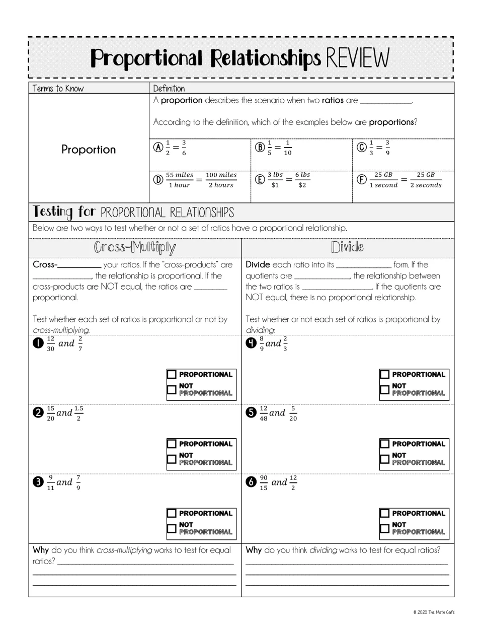 Proportion notes: students define proportion, pick true examples, then test six ratio pairs by cross-multiplying or dividing