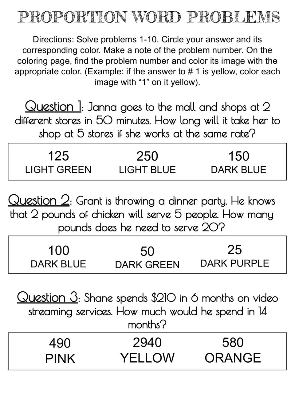 Proportion problems 1-3: students solve rates for shopping time, chicken servings and streaming costs, then circle a color