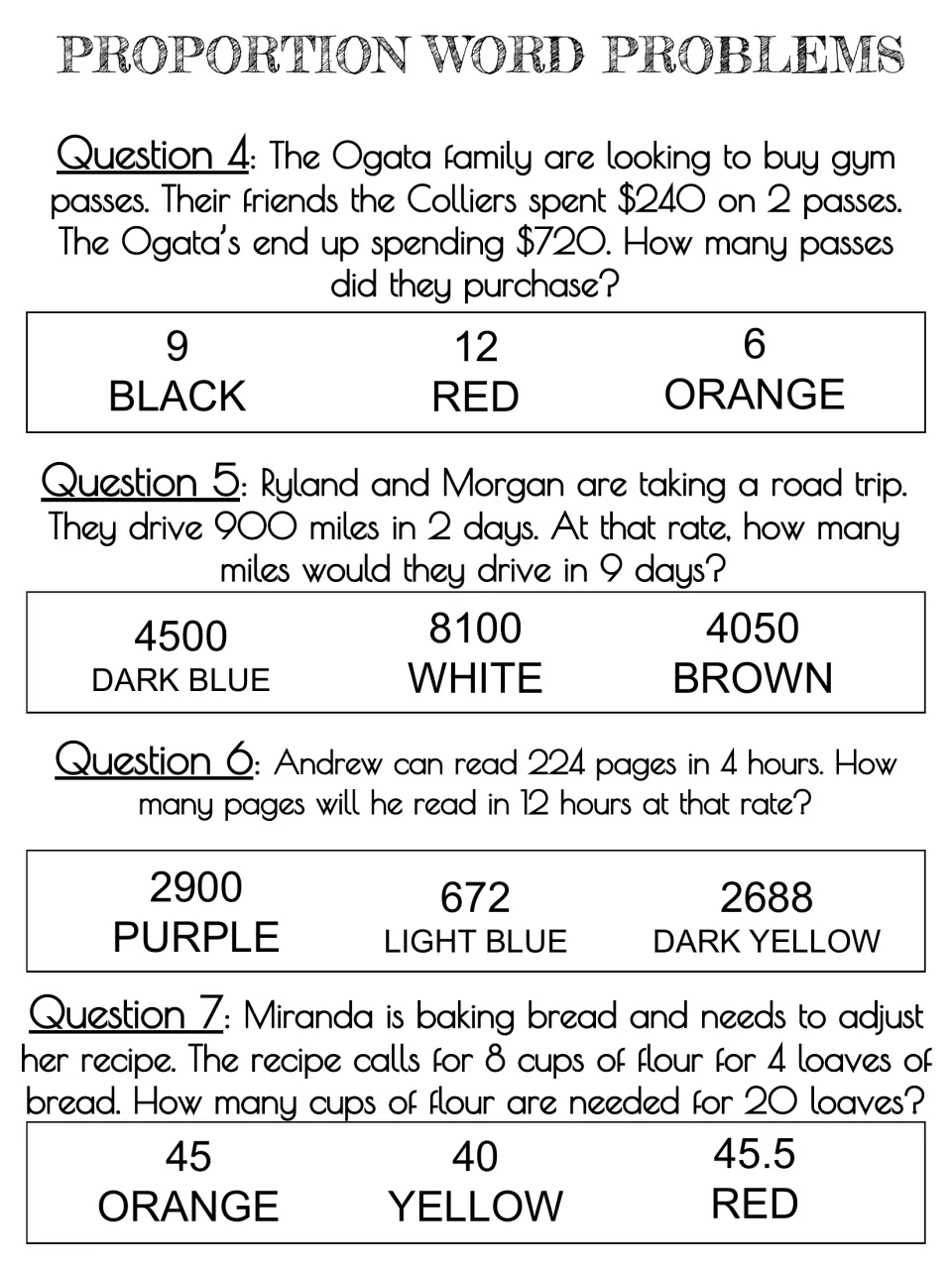 Proportion problems 4-7: students solve gym pass, road trip, reading and bread recipe rates, circling each answer's color