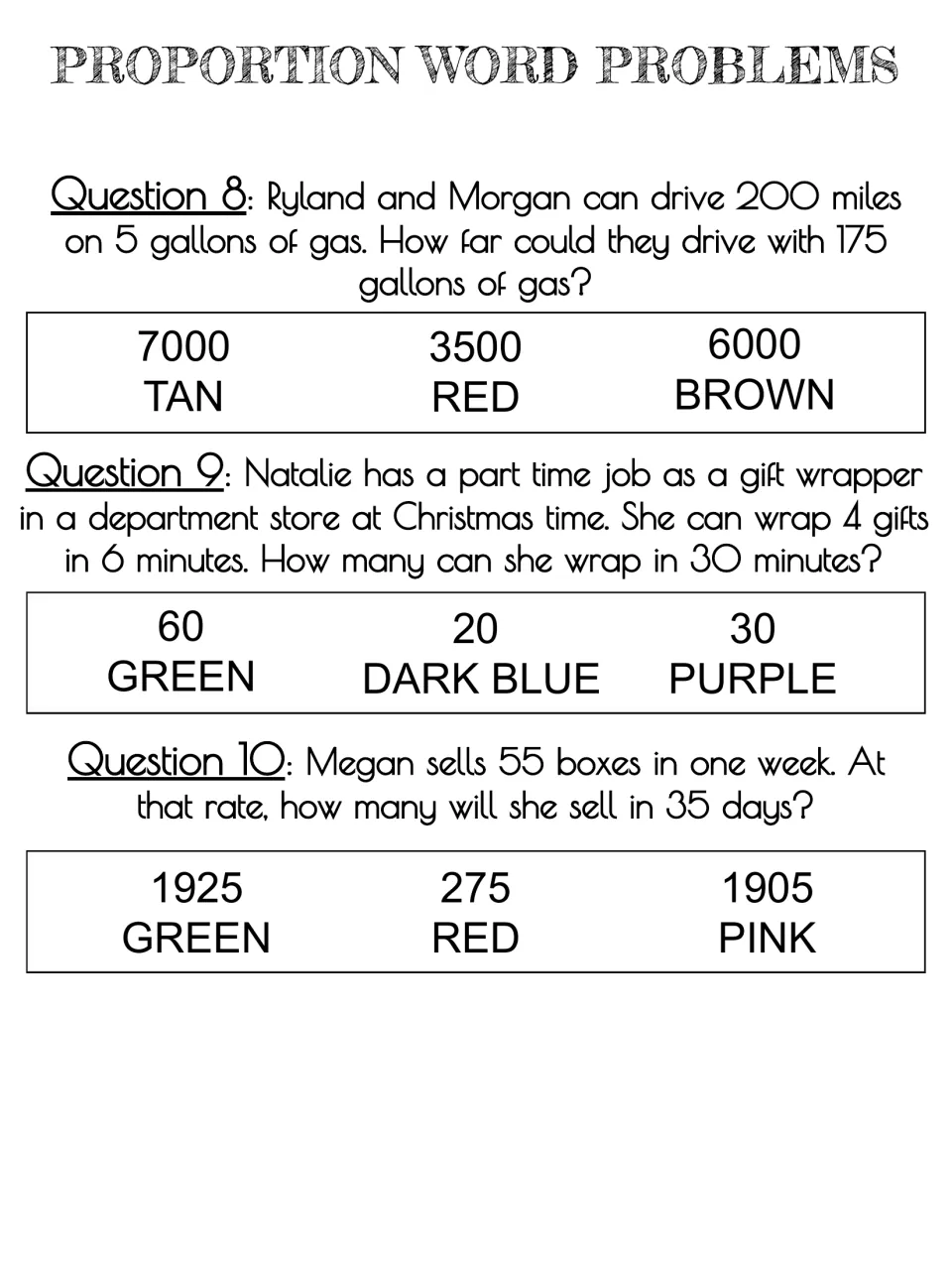 Proportion problems 8-10: students solve gas mileage, gift wrapping and box sales rates, circling each answer's color