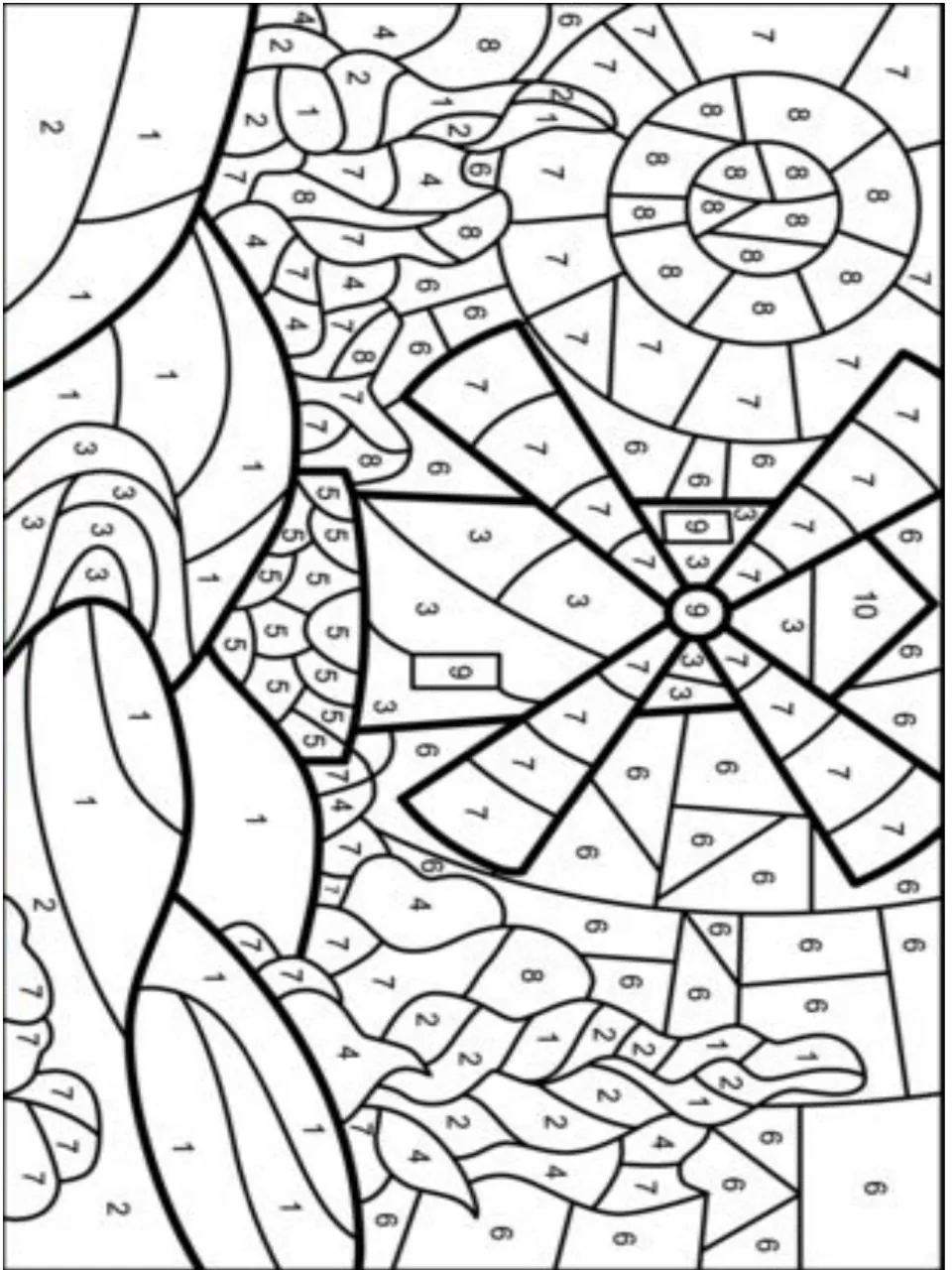 Coloring page: a windmill, sun, flowers and swirling plants with spaces numbered 1-10 to color by each matching answer