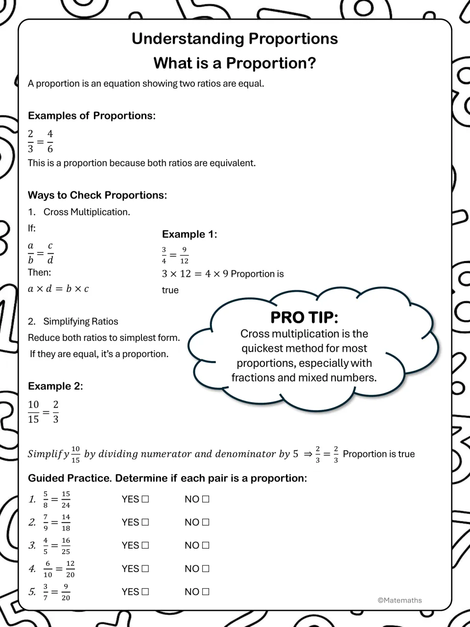 Guided notes define proportions, explain cross multiplication and simplifying ratios, and include items 1–5