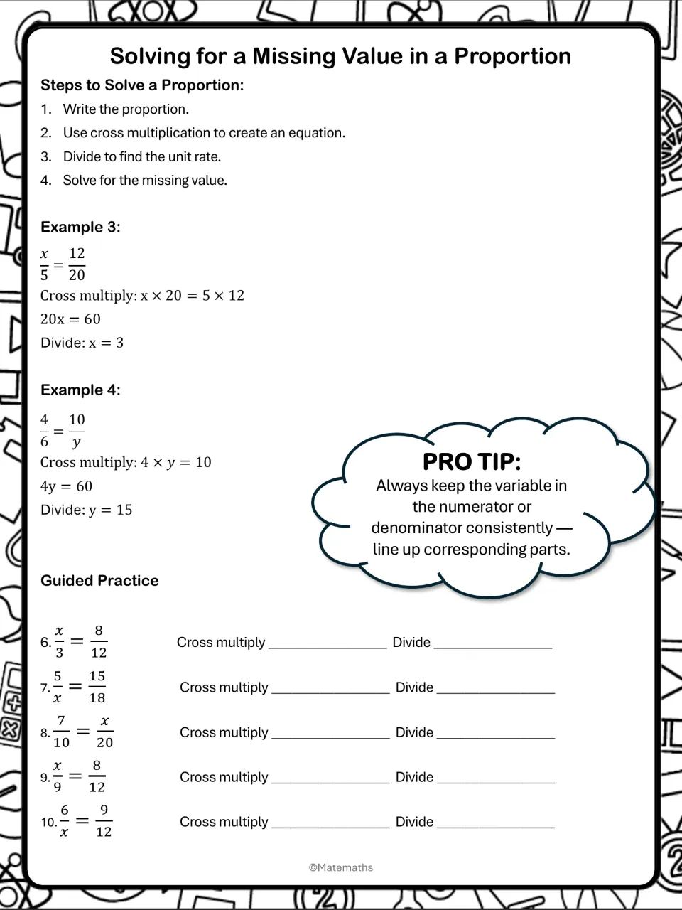 Guided notes on solving missing values in proportions include examples x = 3 and y = 15 and practice 6–10