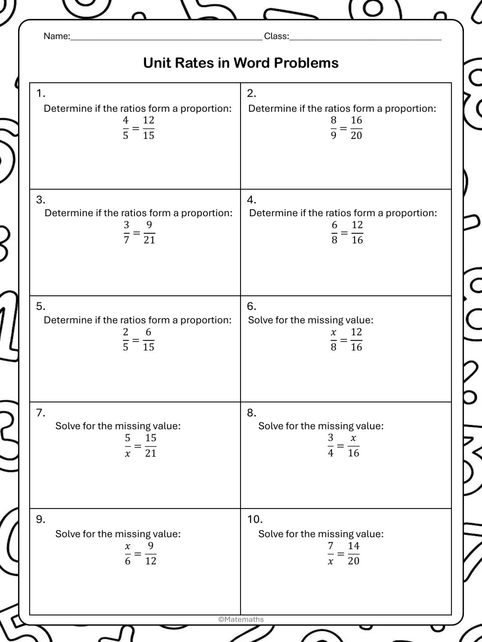 Independent practice problems 1–10 ask students to identify proportions and solve for missing values