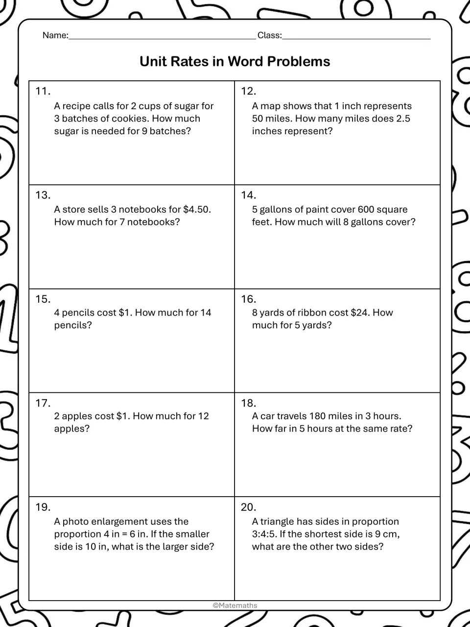 Independent practice problems 11–20 apply proportions to recipes, maps, prices, travel, and measurements