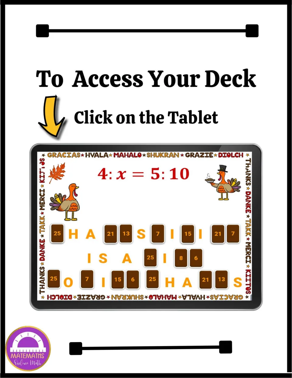 Digital deck access page: click the tablet to open slides where solving 4:x = 5:10 reveals letters of a message