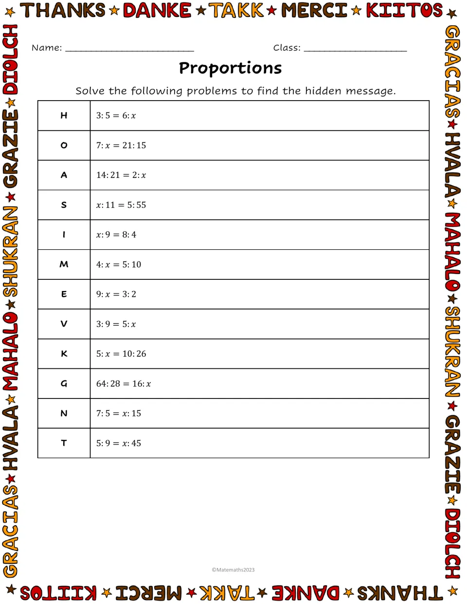Proportions: students solve 12 ratio equations such as 3:5 = 6:x, each matched to a letter, to find the hidden message