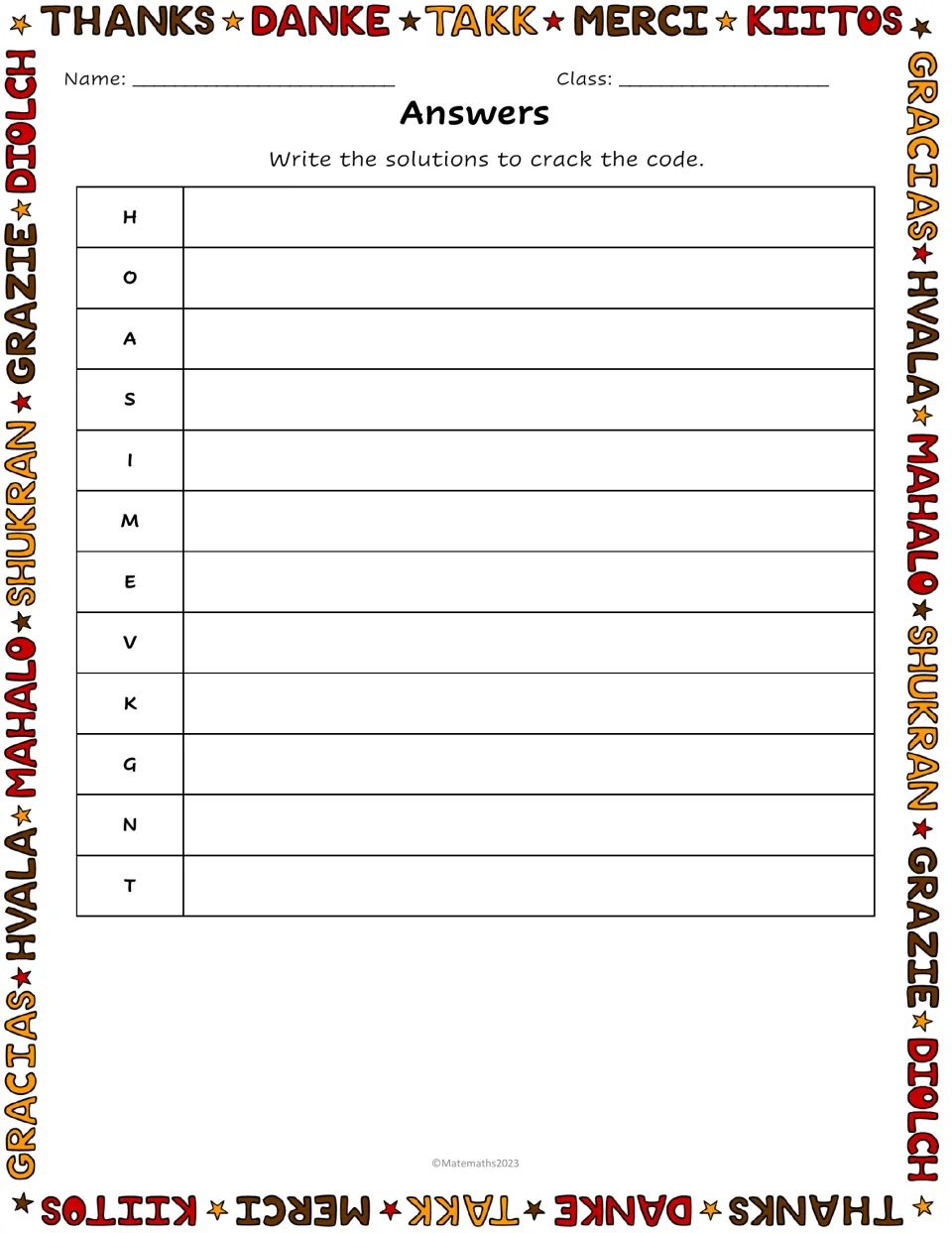 Answers recording sheet: students write the value of x next to each letter H, O, A, S, I, M, E, V, K, G, N and T