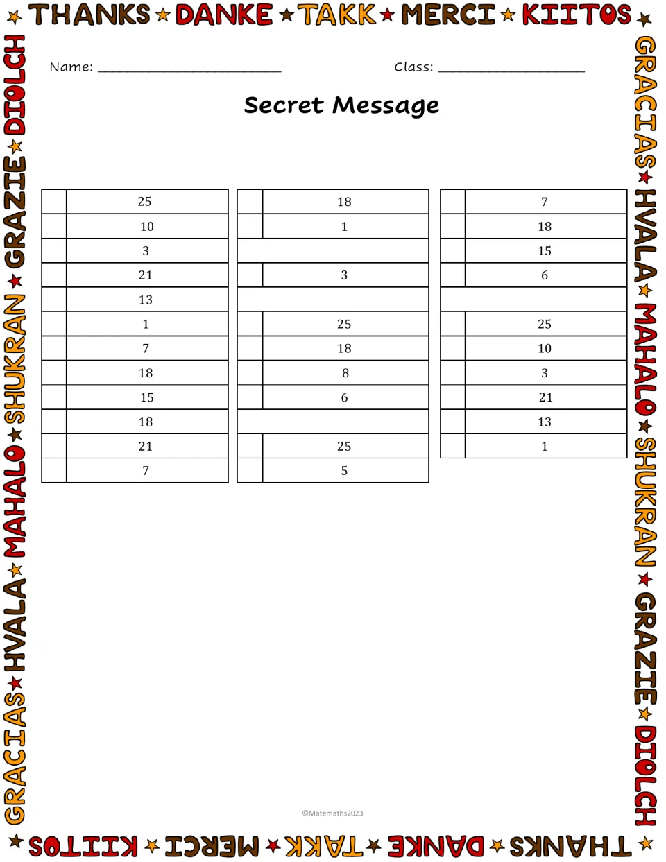 Secret Message decoder: students write the letter that matches each number, like 25, 10, 3, 21, to reveal the phrase