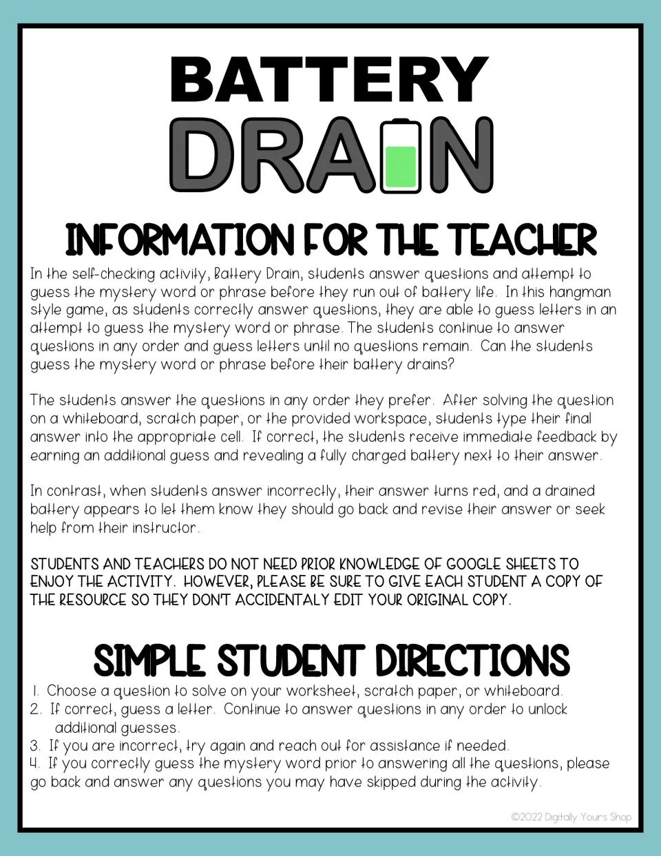 Teacher directions for the proportions game explain answer feedback, letter guesses, and solving in any order.