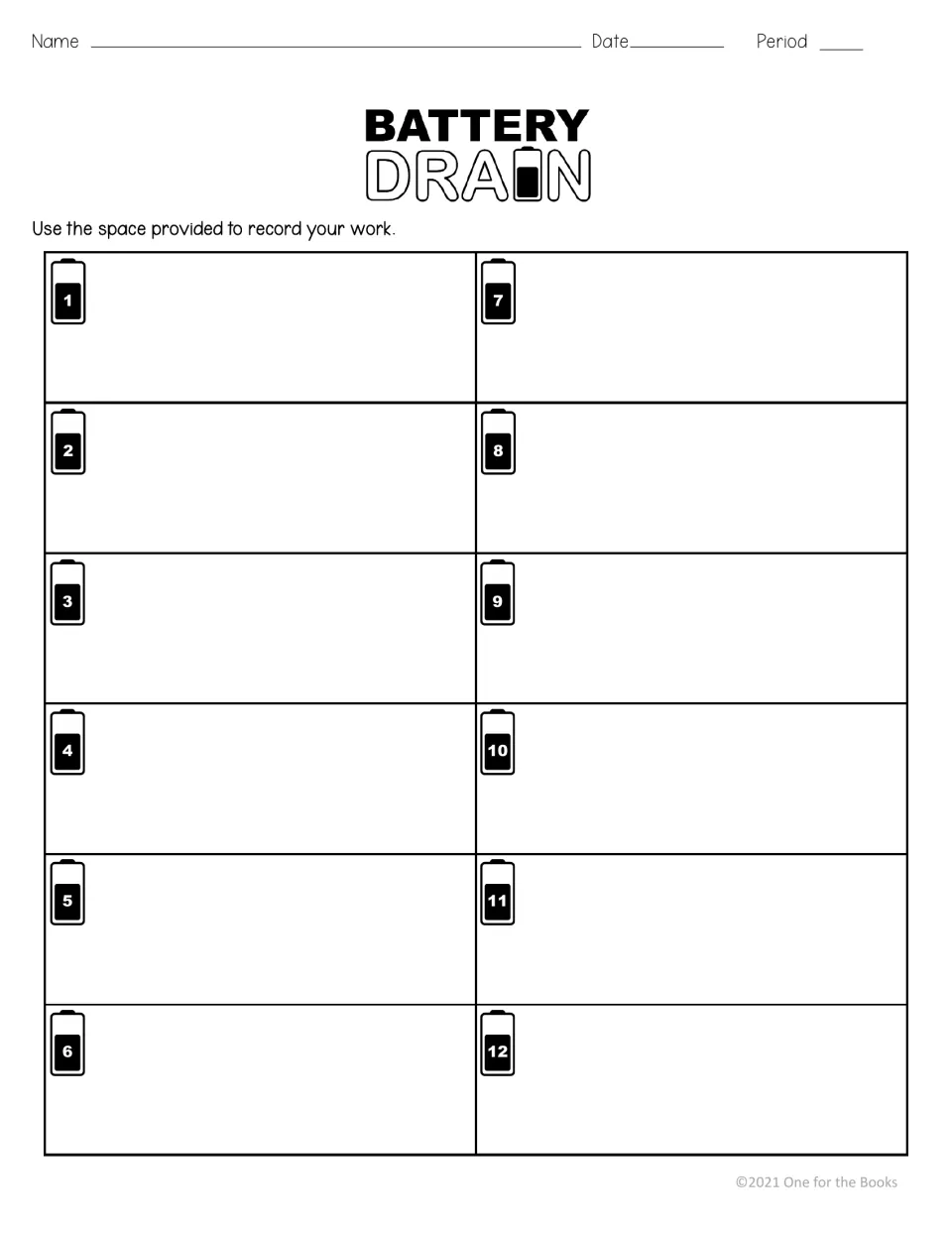 Student recording sheet for the digital proportions activity provides space to show work for problems 1–12.