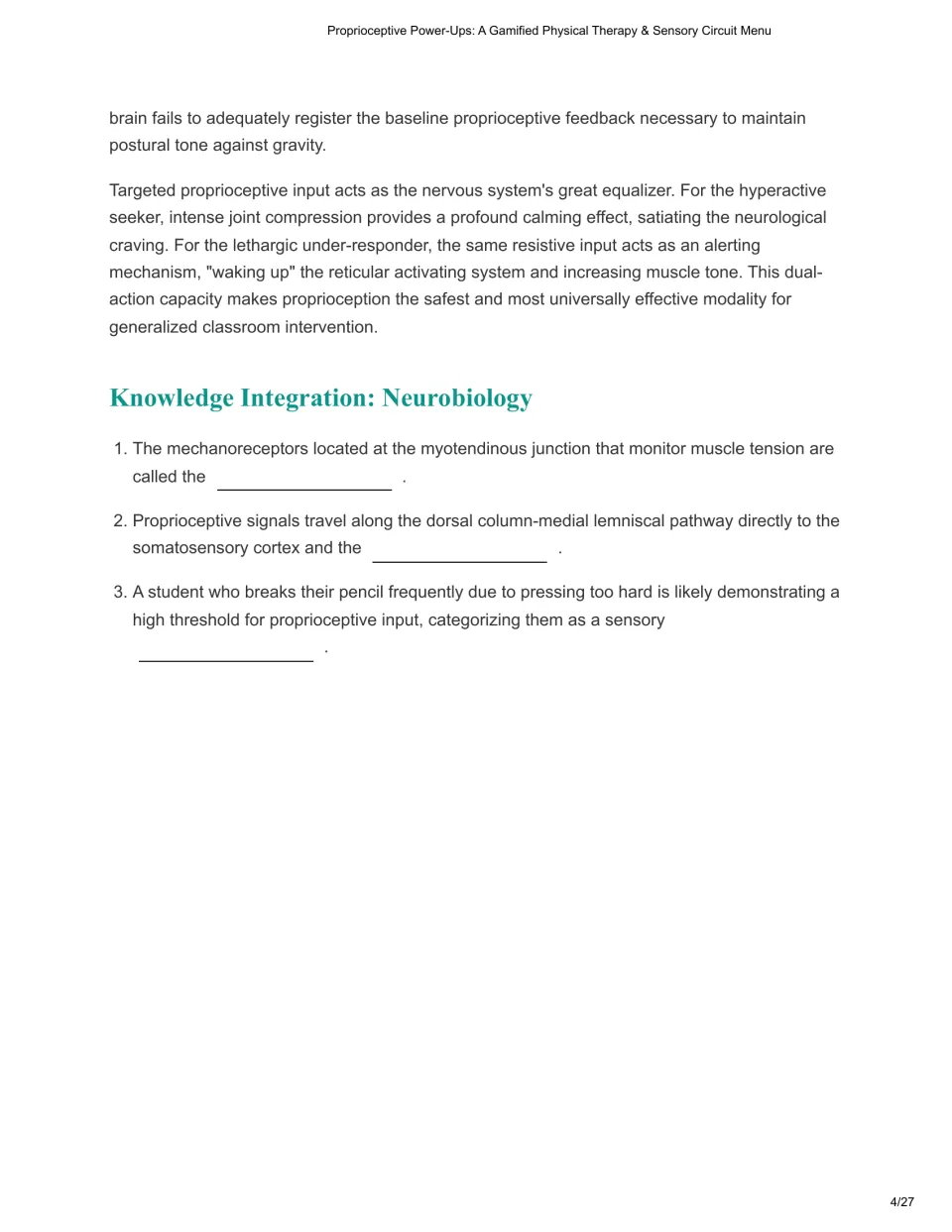 Chapter 1 concludes with sensory input discussion and three fill-in-the-blank neurobiology review questions.