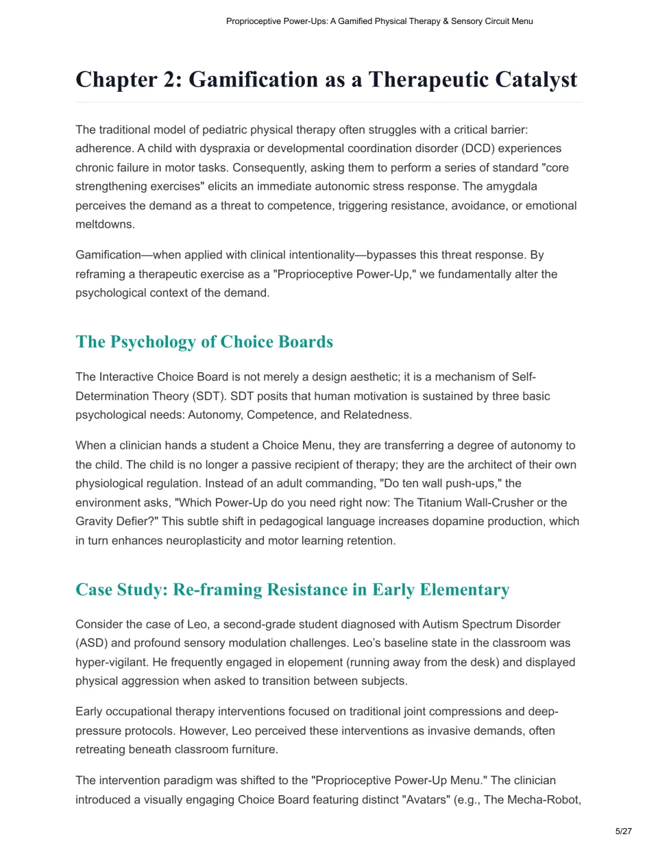 Chapter 2 introduces gamification, choice board psychology, and a case study about second-grade student Leo.