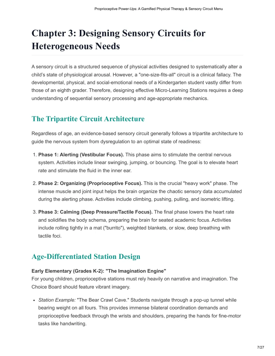 Chapter 3 outlines alerting, organizing, and calming circuit phases and a K–2 Bear Crawl Cave station.